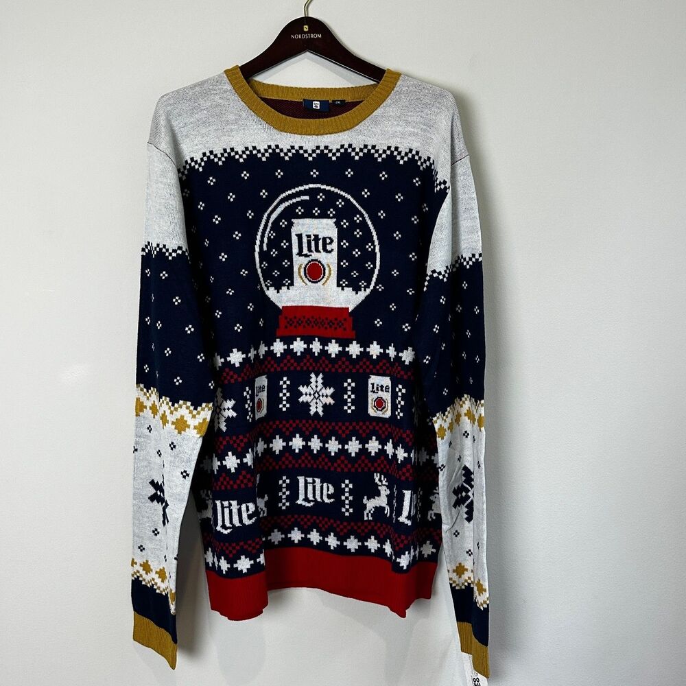 Miller Lite Men's Ugly Christmas Sweater 2XL Snow Globe Beer NWT Holiday Novelty